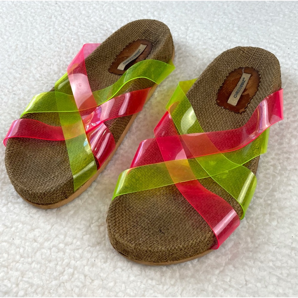 CHICCO RUIZ • Pink and Green Criss Cross Slip-On Sandals, 8.5 - Picture 4 of 16